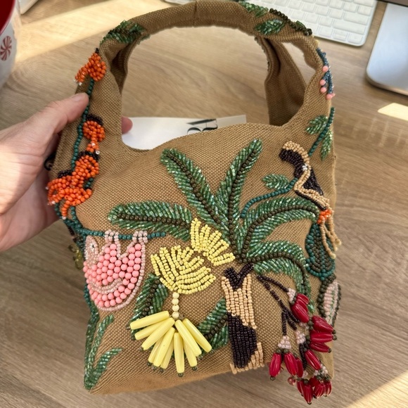 NWT Zara Beaded Mini Bucket Bag Canvas Jungle Tropical Animal 6525/310 - Picture 11 of 15